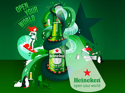 Open Your World artwork beer bottle drink graphic green illustration open poster tentacle wave