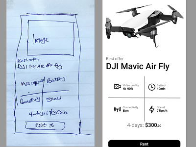 wireframe of a drone available for rentage app design ui ux wirefrmae