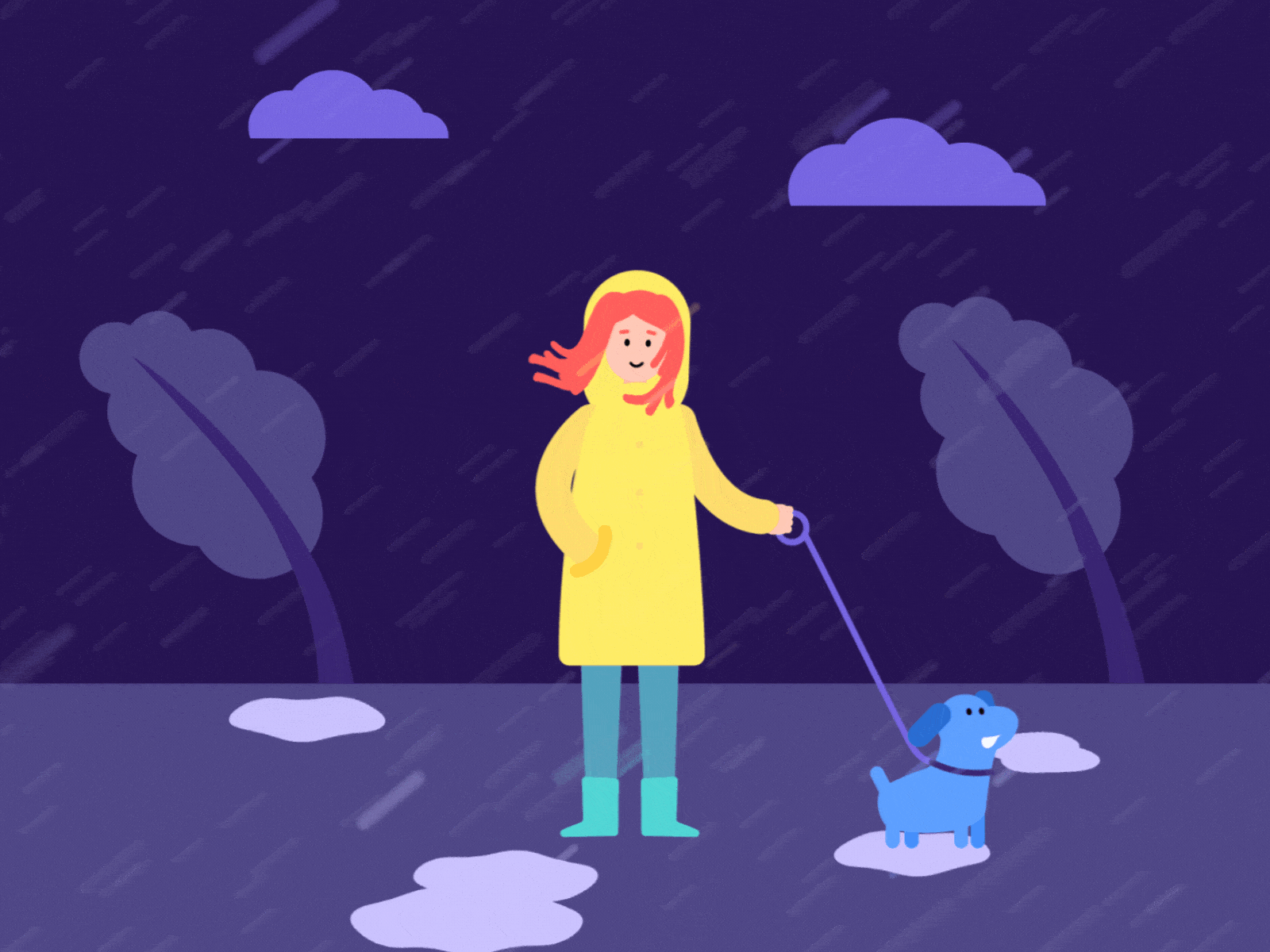 Rainy walk with the dog 2d aftereffects animation character design dog explainer flat gif illustration rain rainy walking weather woman