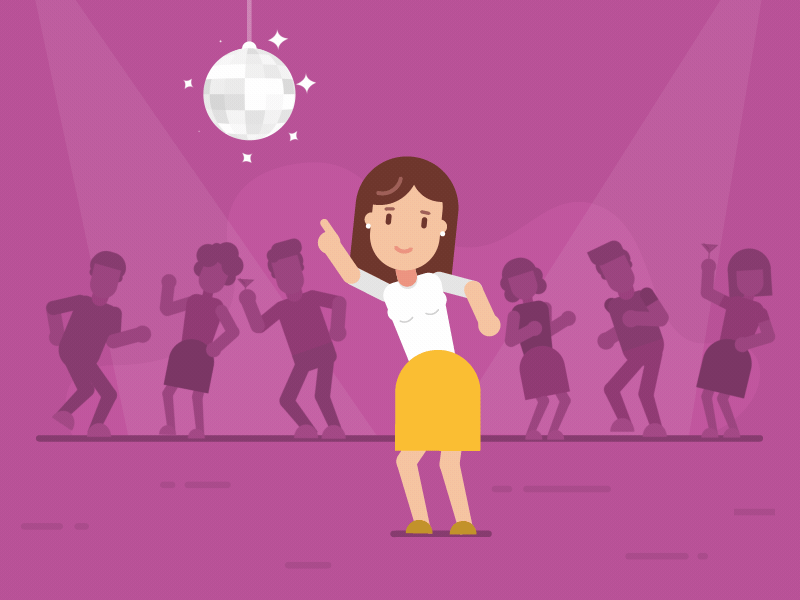 Girl dancing on the party ball characters dance disco discoball event gif illustrations lights motion party people