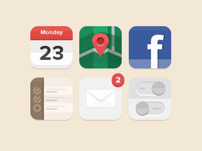 Flat iOS icons (wip) 7 apple calendar design email facebook flat ios location mobile notifications pin settings todo