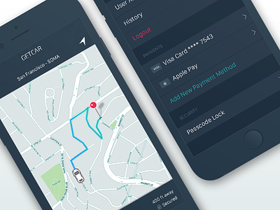 Getcar App car ios location lyft map navigation pay renting settings transport uber vehicle