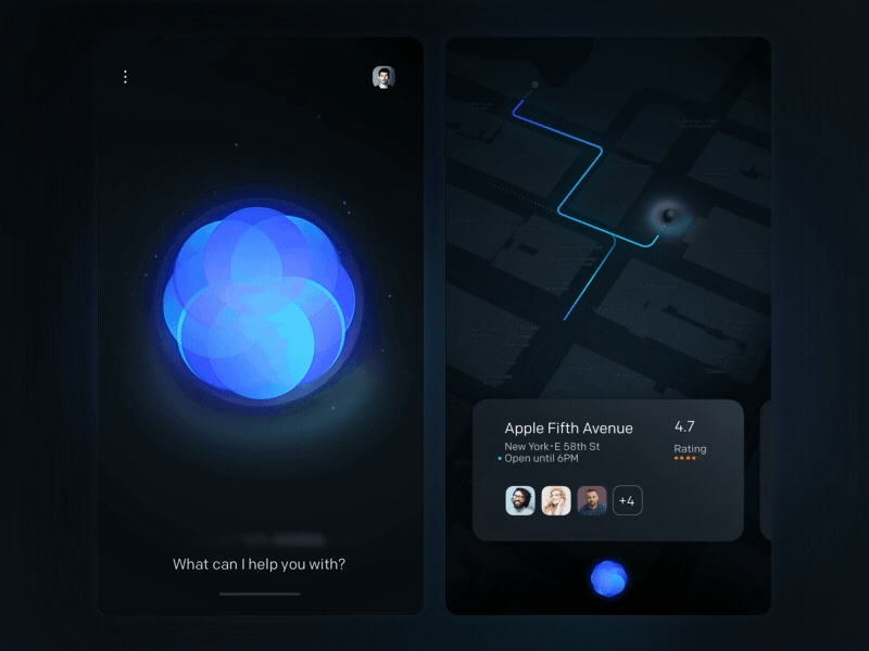 AI Powered Assistant ai assistant cards location map motion navigation search social sound voice