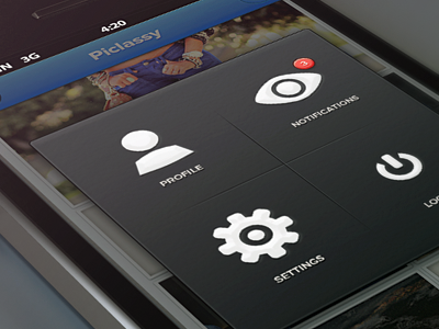 Tap menu (wip) app big dark design glyphs icons logout menu notifications photo profile ui ux