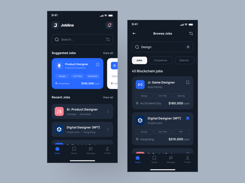 Jobline - Job Finder App UI Kit apply crypto cryptocurrency design employee hiring indeed ios job job vacancy mobile mobile app mobile design stock ui ui8 uidesign uikit ux uxdesign