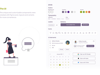 UI kit for Psy Consultancy App color palette icons interface interface design logo mental health psychology self care typography ui ui components ui kit ux ui
