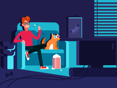 Late night tv watching 3d character dog flat popcorn tv window