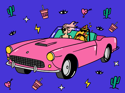 Getaway cactus car eyes girl pink pizza ride