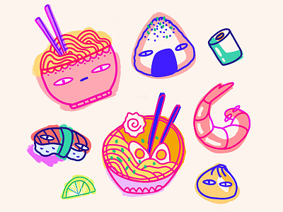 In my mind & In my heart art character cute design food illustration ipad ipadpro japan pink pizza procreate ramen shrimp sushi