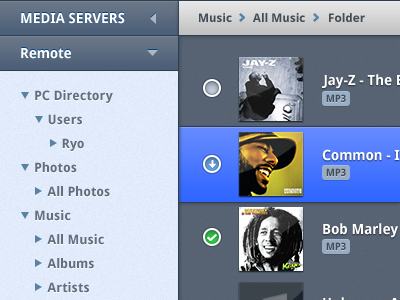 Media Browser ui tree breadcrumbs accordion albums checkbox selected music media blue hip-hop droid sans navigation dark