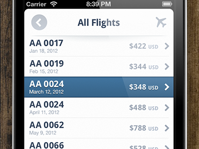 Flight Tracker, List airline airplane chevron currency flights list selected ticket