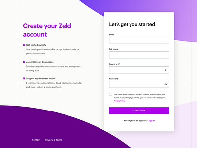 Zeld Sign Up form