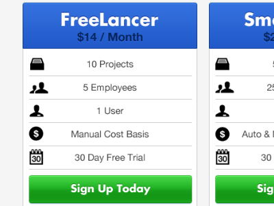 Freelancer blue green icons pricing tables