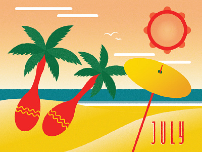 July adobe illustrator beach calendar cymbal digital illustration four color illustration july maracas month musical instruments tambourine