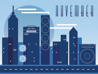 November amplifier amps calendar city digital illustration four color illustration music november skyline skyscrapers speakers