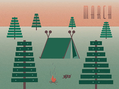 March calendar campfire camping digital illustration four color illustration march tent trees xylophone