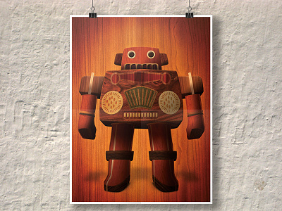 woodbot illustration noblanco poster robot wood