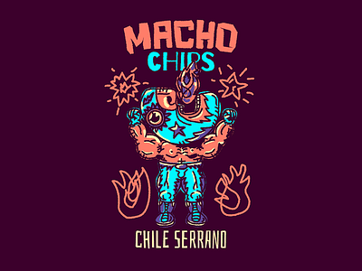 Macho Chips - Serrano Chile colorful fire illustration lucha machochips noblanco spicy star vector vibrant wrestling