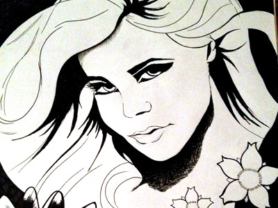 Flowergirl black and white crosshatching illustration pen and ink sketch