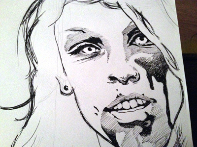 Zombie Girl black and white crosshatching illustration pen and ink sketch