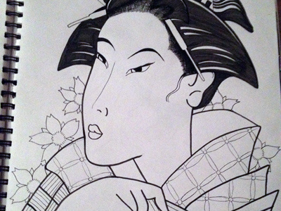 Geisha black and white crosshatching illustration japanese pen and ink sketch tattoo