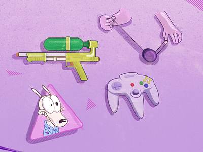 90's Kid Nostalgia 90s childhood children illustration n64 nintendo 64 nostalgia playoffs rocko supersoaker the 90s watergun yoyo