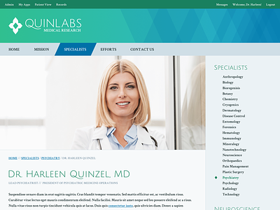Quinlabs Profile Page dc diamond harleen quinzel harley quinn identity medical mockup profile quinlabs website