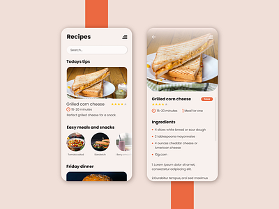 Daily UI 040 - Recipe app beige dailyui dailyuichallenge design food mobile orange recipe ui uxui