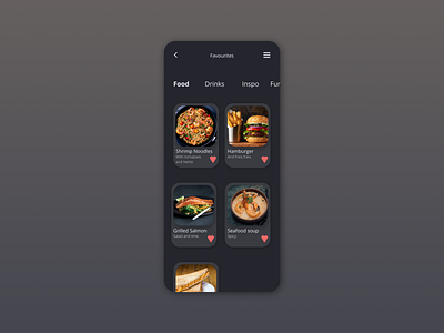 Daily UI 044 - Favorites app blue dailyui dailyuichallenge dark darkmode design favorites food heart mobile ui uxui