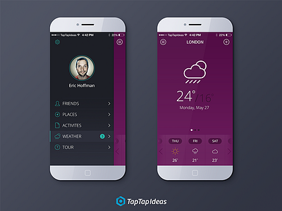 Travel App for iOS7 app flat friends ios7 iphone menu places purpel taptapideas travel user weather