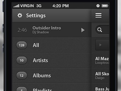 Player App - menu app dark ios iphone mobile music music player play sidebar menu ui