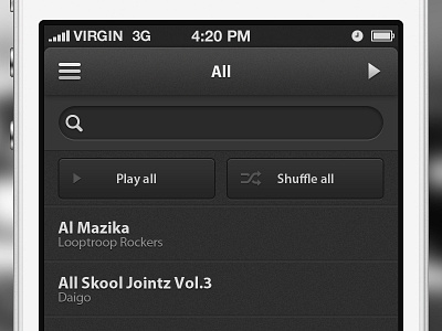 Player App - all songs app dark gray ios iphone minimal mobile music play player shuffle ui ux