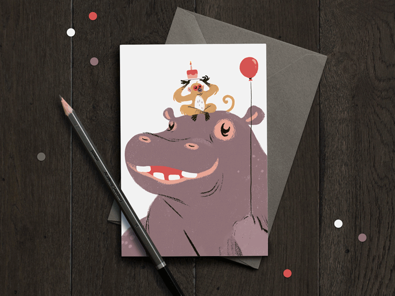 Carolina Búzio for CardNest balloon birthday card greeting greetings card happy hippo illustration monkey pencil