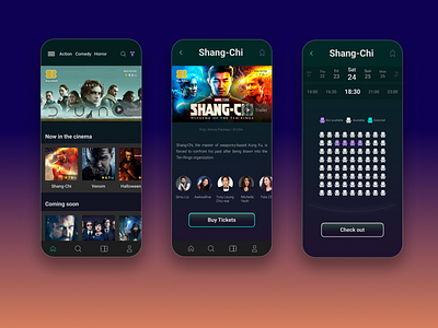 UI for a movie theatre ticketing app dark mode mobile ui