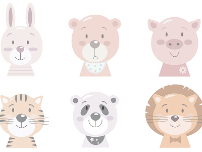 cute muzzles animals. rabbit bear pig tiger panda lion comic design fun illustration vector