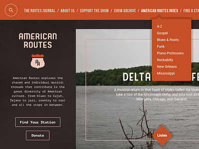 American Routes Home Page and Dropdown american routes music radio ux