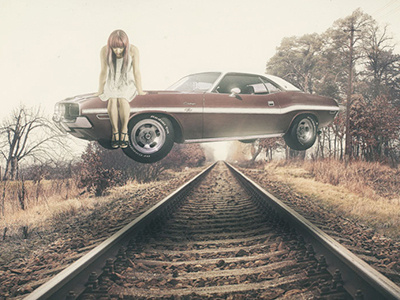 Photomontage car dark girl photomontage photoshop rail train