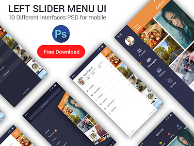 New 10 left Slider Menu UI app application design left slider menu slider menu social typography user interface walkthrough
