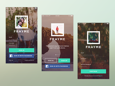 Frayme, an iPhone App Concept frame it frayme iphone app iphone concepts launch screen login screen picture frame sign in sign in with facebook sign up