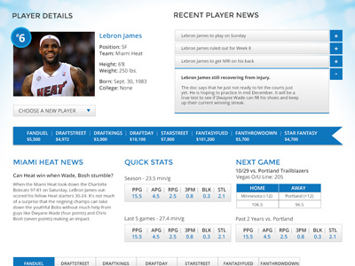 Fantasy Sports Player Profile Page