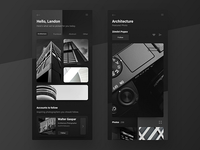 Photography App app architecture black and white design digital grid icon layout minimal photo photo app photography typography ui ui ux design ux vector web