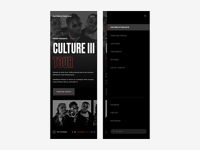Migos Culture III Website Concept: Mobile app desktop experience flyout hiphop menu migos mobile music product rap rapper responsive tour typography website