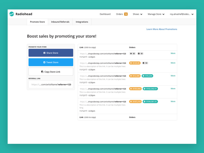 Sidestep - Promotion Links ui ux dashboard