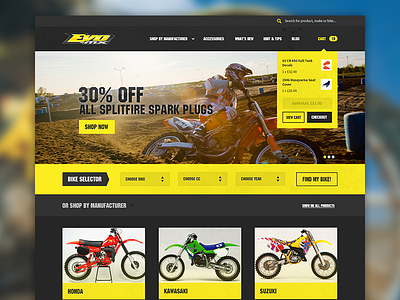 Motocross e-commerce homepage cart ecommerce extreme sports homepage motocross navigation shop ui ux yellow