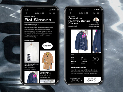 Grailed Mobile App Redesign | Product Page and List dailyui dark ui fashion fashion app grailed graphic design grid list product page raf simons retail search streetwear typogaphy ui ux