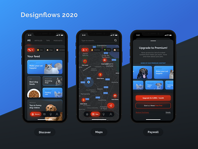 Designflows 2020 animal animals app app design bendingspoons blue cat contest dark dark ui darkmode designflows dog mobile mobile ui neon red ui ui ux user inteface