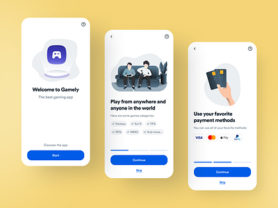 Gamely - Gaming app onboarding android app blue console design flat gaming illustration ios modern onboarding payment paypal popular popular shot simple ui ux videogames yellow
