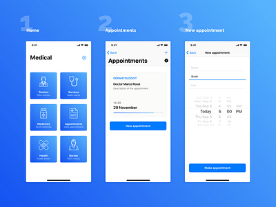 Medical mobile application app appointment appointments blue design doctor flat health health app health care hospital ios iphone iphone x mobile modern nurse simple ui ux