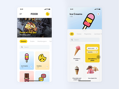 Food iOS App app app design application design flat food food app icecream ios light mobile modern simple snacks ui ux white yellow