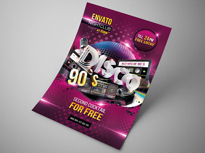 Disco 90`s Flyer 90s cassete club disco disco 90 disco ball flyer music party poster psd purple